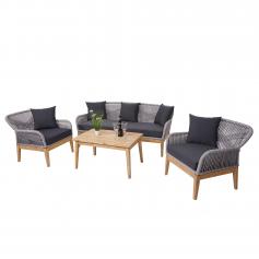 Gartengarnitur HWC-H56, Lounge-Set Sitzgruppe Sofa, Seilgeflecht Massivholz Akazie Spun Poly FSC~ Kissen dunkelgrau