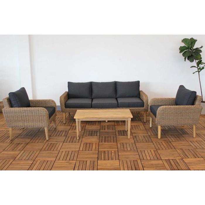 Garnitur HWC-H57, Garten-/Lounge-Set Sofa Sitzgruppe, rundes Poly-Rattan Alu + Akazie Spun Poly MVG ~ Kissen dunkelgrau