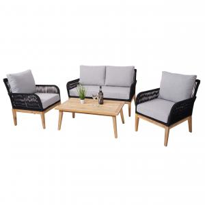 Gartengarnitur HWC-H58, Lounge-Set Sofa Sitzgruppe, Seilgeflecht Rope Holz Akazie Spun Poly MVG ~ Kissen hellgrau