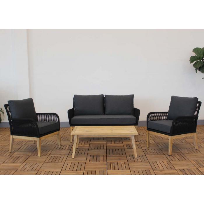 Gartengarnitur HWC-H58, Lounge-Set Sofa Sitzgruppe, Seilgeflecht Rope Holz Akazie Spun Poly MVG ~ Kissen dunkelgrau