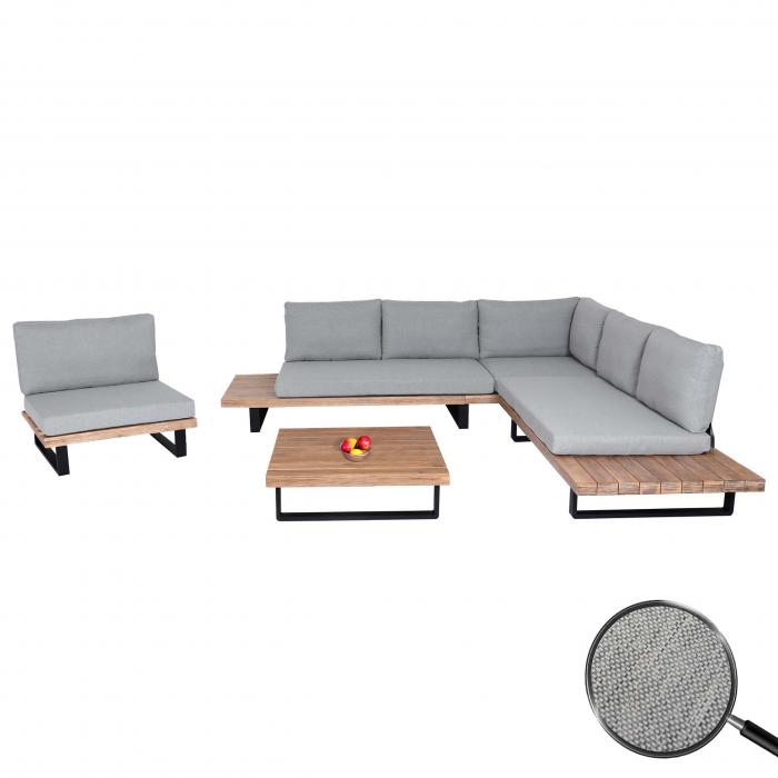 Garten-Garnitur mit Sessel HWC-H54, Lounge-Set Sofa, Spun Poly Akazie Holz MVG Aluminium ~ hellbraun, Polster hellgrau