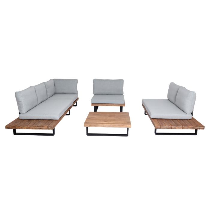Garten-Garnitur mit Sessel HWC-H54, Lounge-Set Sofa, Spun Poly Akazie Holz FSC Aluminium ~ hellbraun, Polster hellgrau