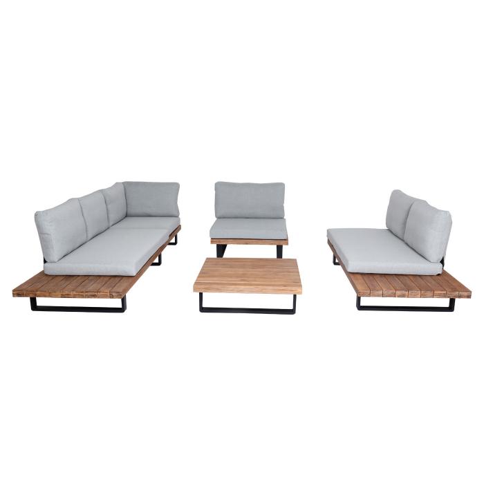 Garten-Garnitur mit Sessel HWC-H54, Lounge-Set Sofa, Spun Poly Akazie Holz MVG Aluminium ~ hellbraun, Polster hellgrau