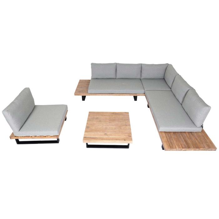 Garten-Garnitur mit Sessel HWC-H54, Lounge-Set Sofa, Spun Poly Akazie Holz FSC Aluminium ~ hellbraun, Polster hellgrau