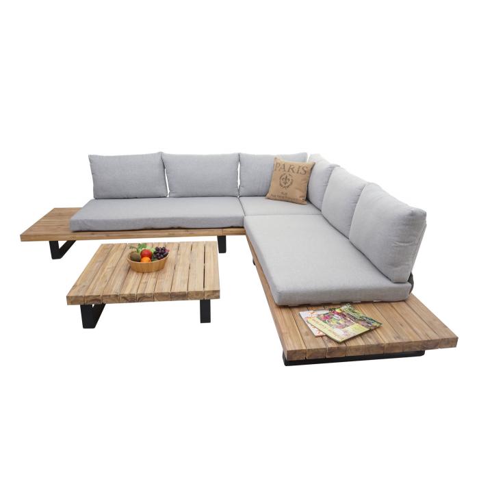 Garten-Garnitur mit Sessel HWC-H54, Lounge-Set Sofa, Spun Poly Akazie Holz MVG Aluminium ~ hellbraun, Polster hellgrau