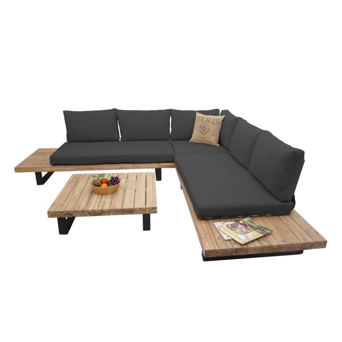 Garten-Garnitur mit Sessel HWC-H54, Lounge-Set Sofa, Spun Poly Akazie Holz MVG Aluminium ~ hellbraun, Polster dunkelgrau