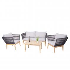 Gartengarnitur HWC-H55, Lounge-Set Sofa Sitzgruppe, Seilgeflecht Rope Holz Akazie Spun Poly FSC ~ Kissen hellgrau