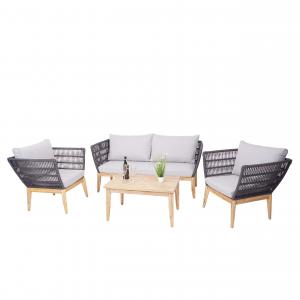 Gartengarnitur HWC-H55, Lounge-Set Sofa Sitzgruppe, Seilgeflecht Rope Holz Akazie Spun Poly MVG ~ Kissen hellgrau