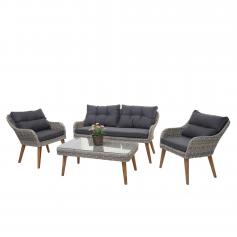 Gartengarnitur HWC-H64, Lounge-Set Sofa Sitzgruppe, Stahl + Akazie halbrundes Poly-Rattan Spun Poly FSC-zertifiziert