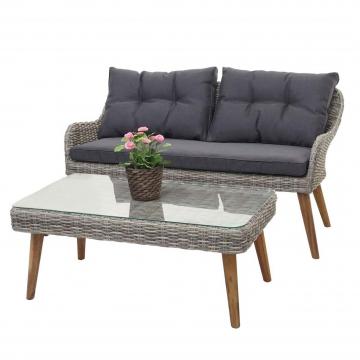 Einzelstck | Gartengarnitur HWC-H64, 1x Bank und 1x Tisch, Stahl + Akazie halbrundes Poly-Rattan Spun Poly