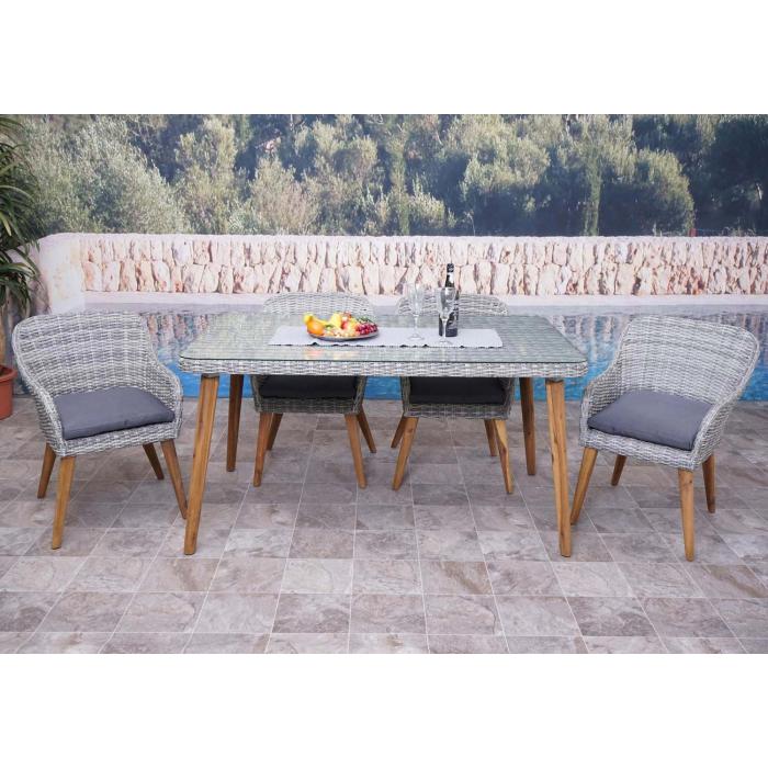 Garnitur HWC-H65, Sitzgruppe Garten-/Lounge-Set, Stahl + Akazie halbrundes Poly-Rattan Spun Poly MVG ~ Kissen dunkelgrau