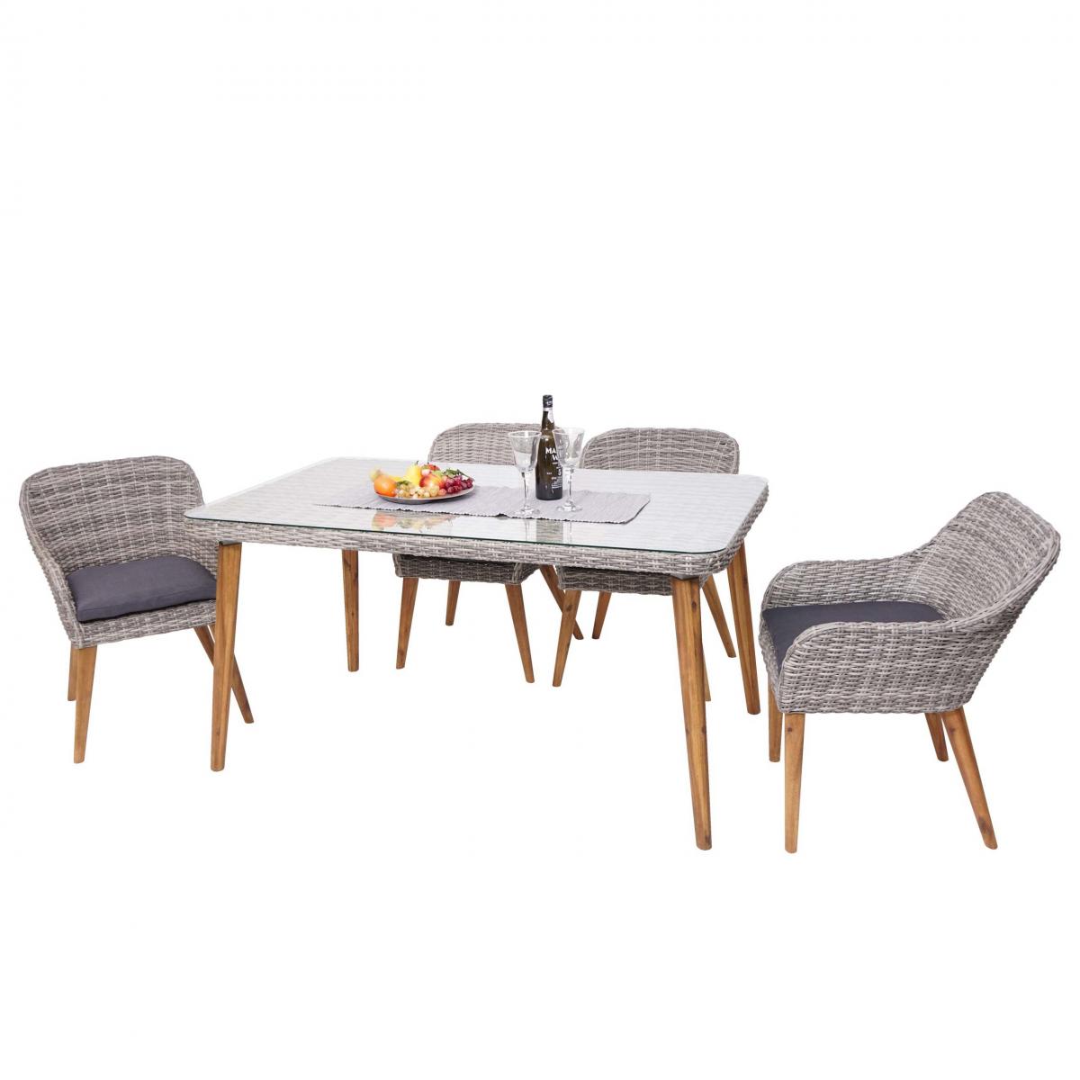 Garnitur HWC-H65, Sitzgruppe Garten-/Lounge-Set, Stahl + Akazie halbrundes Poly-Rattan Spun Poly MVG ~ Kissen dunkelgrau