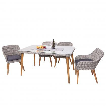 Garnitur HWC-H65, Sitzgruppe Garten-/Lounge-Set, Stahl + Akazie halbrundes Poly-Rattan Spun Poly MVG ~ Kissen dunkelgrau