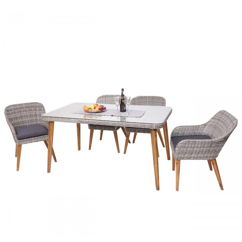 Garnitur HWC-H65, Sitzgruppe Garten-/Lounge-Set, Stahl + Akazie halbrundes Poly-Rattan Spun Poly MVG ~ Kissen dunkelgrau