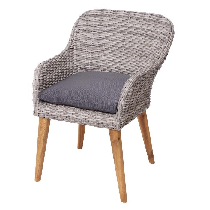 2er-Set Poly-Rattan Gartenstuhl HWC-H65, Rattanstuhl Balkonstuhl Sessel, Spun Poly Akazie MVG ~ grau, Kissen dunkelgrau