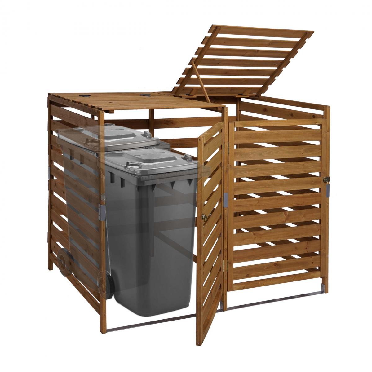 XL 2er-/4er-Mlltonnenverkleidung HWC-H62, Mlltonnenbox, erweiterbar 114x133x97cm Massiv-Holz ~ braun