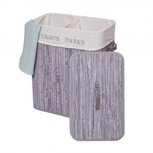 Wschekorb HWC-C21, Laundry Wschebox Wschesammler Wschebehlter, Bambus 2 Fcher 63x55x34cm 100l ~ grau-blau