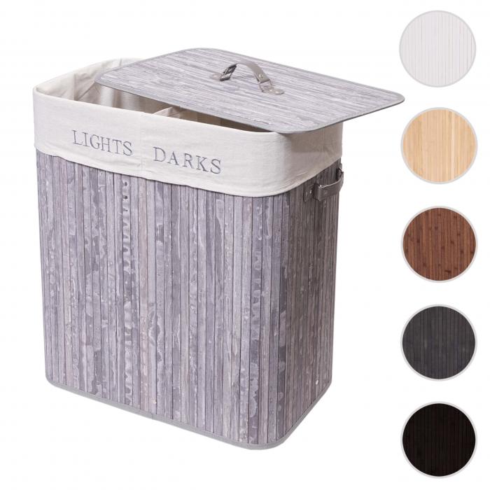 Wschekorb HWC-C21, Laundry Wschebox Wschesammler Wschebehlter, Bambus 2 Fcher 63x55x34cm 100l ~ grau-blau