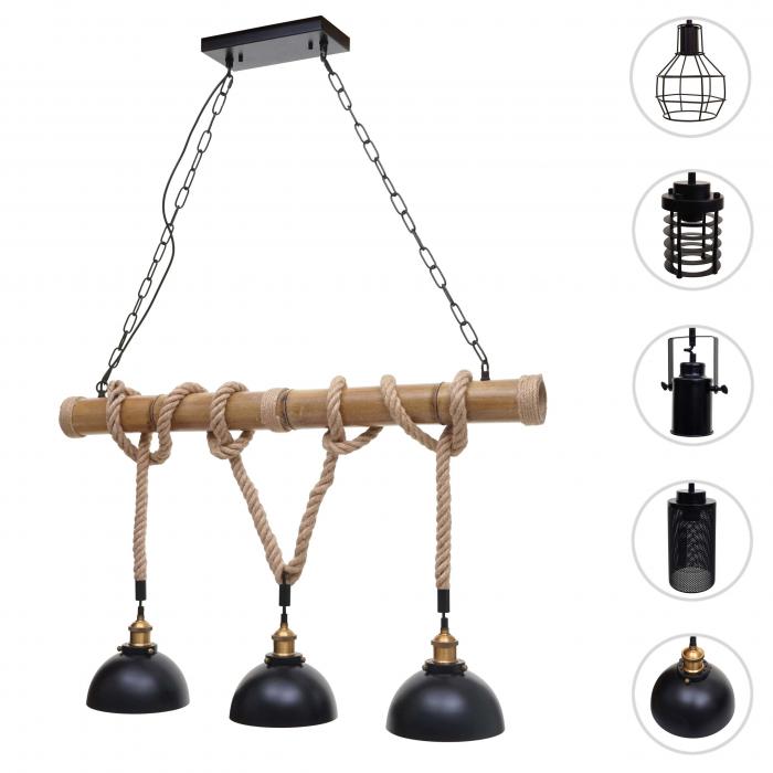 Pendelleuchte HWC-H82, Hängelampe Hängeleuchte, Industrial Vintage Bambus Seil Metall schwarz ~ 3x Kuppellampenschirm