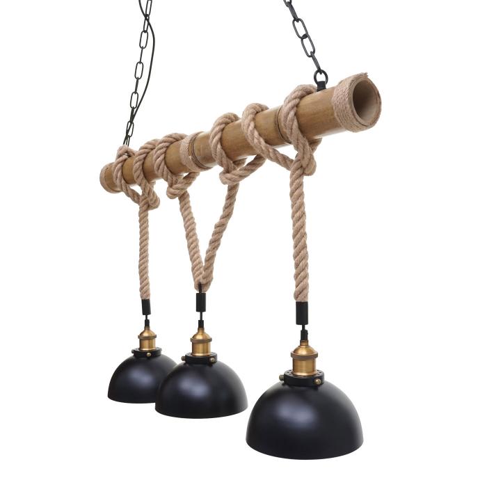 Pendelleuchte HWC-H82, Hngelampe Hngeleuchte, Industrial Vintage Bambus Seil Metall schwarz ~ 3x Kuppellampenschirm