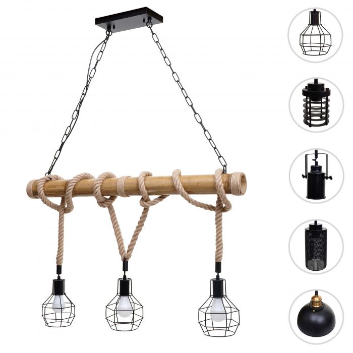 Pendelleuchte HWC-H82, Hngelampe Hngeleuchte, Industrial Vintage Bambus Seil Metall schwarz ~ 3x Gitterlampenschirm
