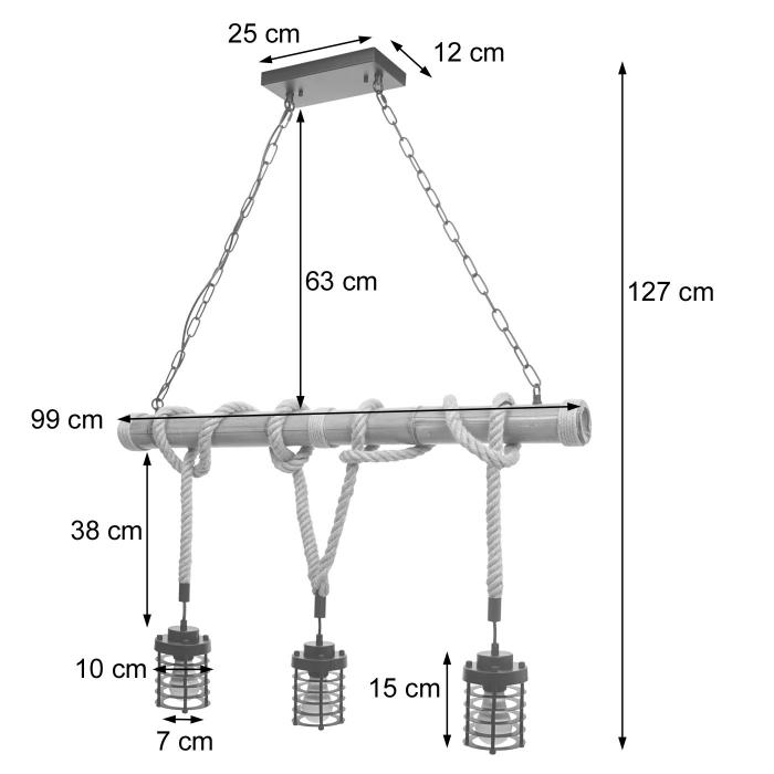 Pendelleuchte HWC-H82, Hngelampe Hngeleuchte, Industrial Vintage Bambus Seil Metall schwarz ~ 3x Kfiglampenschirm
