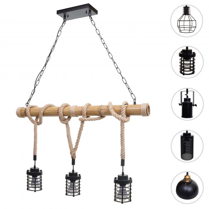 Pendelleuchte HWC-H82, Hngelampe Hngeleuchte, Industrial Vintage Bambus Seil Metall schwarz ~ 3x Kfiglampenschirm