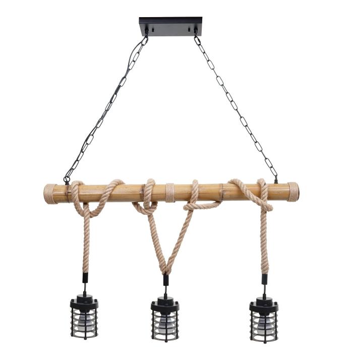 Pendelleuchte HWC-H82, Hängelampe Hängeleuchte, Industrial Vintage Bambus Seil Metall schwarz ~ 3x Käfiglampenschirm