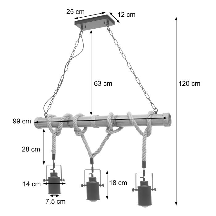 Pendelleuchte HWC-H82, Hngelampe Hngeleuchte, Industrial Vintage Bambus Seil Metall schwarz ~ 3x Spotlampenschirm