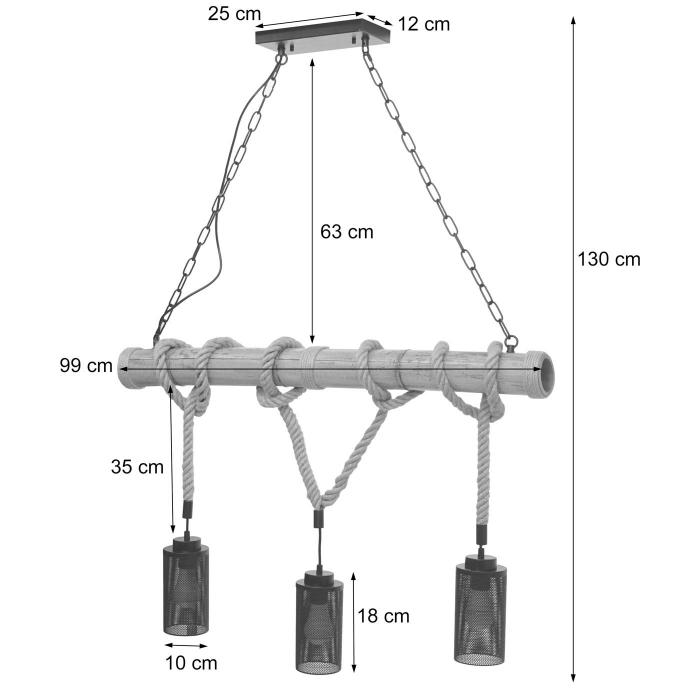 Pendelleuchte HWC-H82, Hngelampe Hngeleuchte, Industrial Vintage Bambus Seil Metall schwarz ~ 3x Rohrlampenschirm