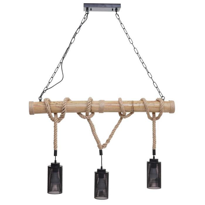 Pendelleuchte HWC-H82, Hngelampe Hngeleuchte, Industrial Vintage Bambus Seil Metall schwarz ~ 3x Rohrlampenschirm
