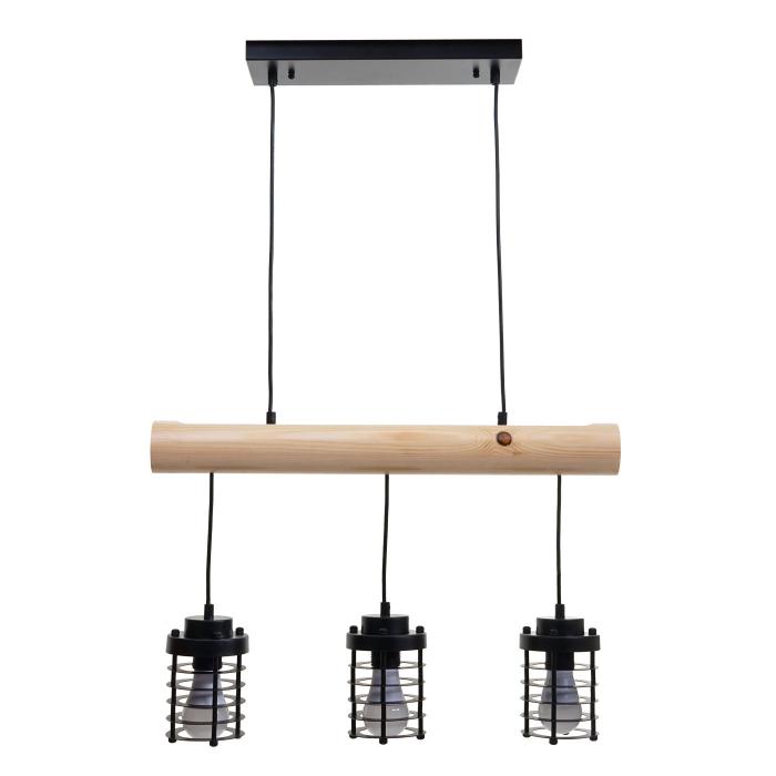 Pendelleuchte HWC-H83, Hngelampe Hngeleuchte, Industrial Vintage Massiv-Holz Metall schwarz ~ 3 Kfiglampenschirme