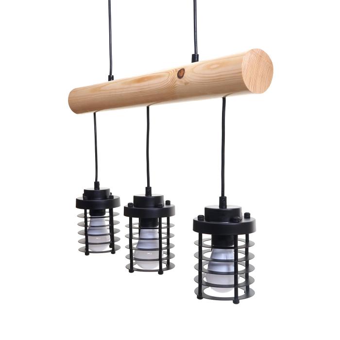 Pendelleuchte HWC-H83, Hngelampe Hngeleuchte, Industrial Vintage Massiv-Holz Metall schwarz ~ 3 Kfiglampenschirme