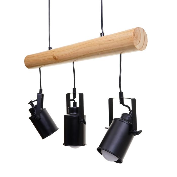 Pendelleuchte HWC-H83, Hngelampe Hngeleuchte, Industrial Vintage Massiv-Holz Metall schwarz ~ 3 Spotlampenschirme