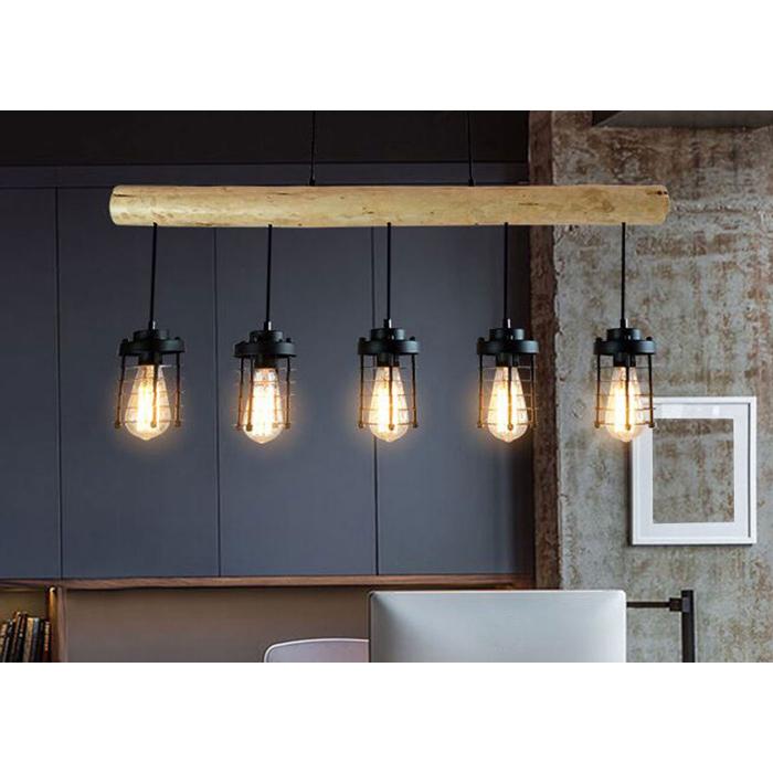 Pendelleuchte HWC-H83, Hngelampe Hngeleuchte, Industrial Vintage Massiv-Holz Metall schwarz ~ 5 Kfiglampenschirme