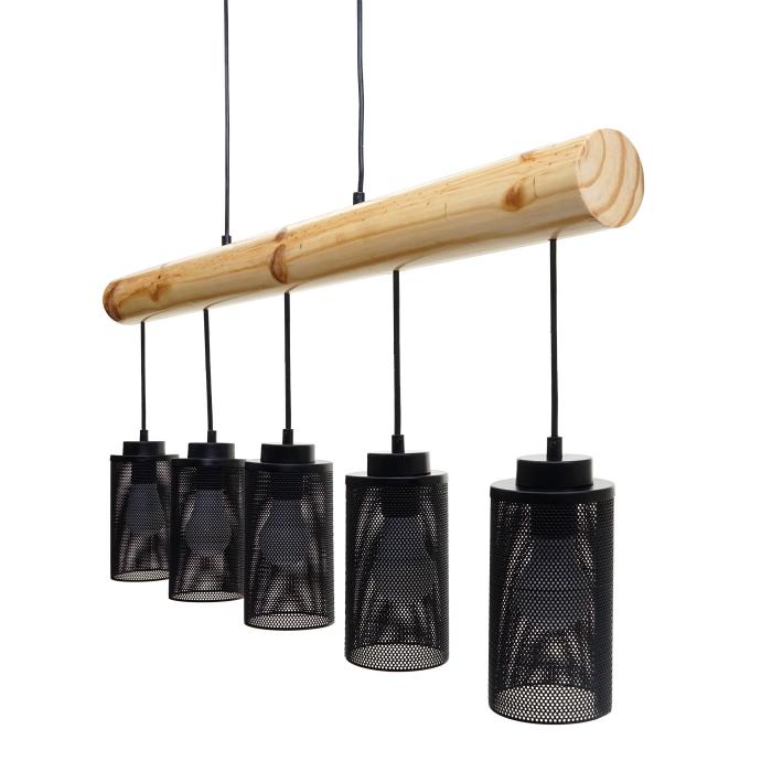 Pendelleuchte HWC-H83, Hängelampe Hängeleuchte, Industrial Vintage Massiv-Holz Metall schwarz ~ 5 Rohrlampenschirme