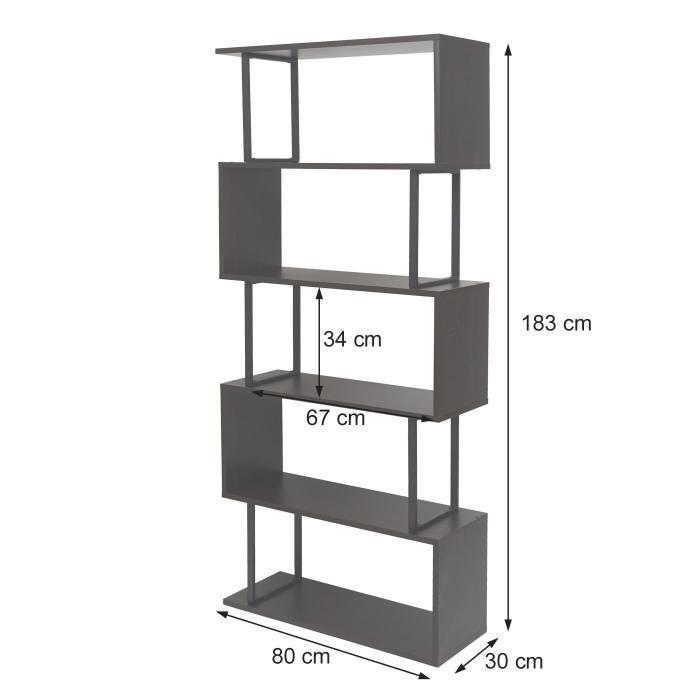 Bcherregal HWC-A27, Standregal Wohnregal, 183x80cm 3D-Struktur 5 Ebenen ~ Wildeiche-Optik, Metall schwarz