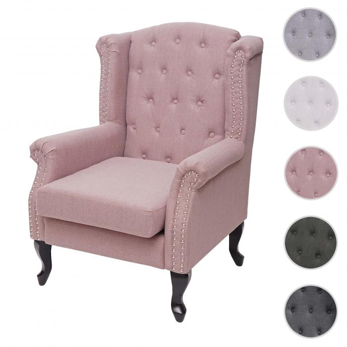 Sessel Chesterfield, Relaxsessel Clubsessel Ohrensessel, wasserabweisend Stoff/Textil ~ vintage rosa ohne Ottomane