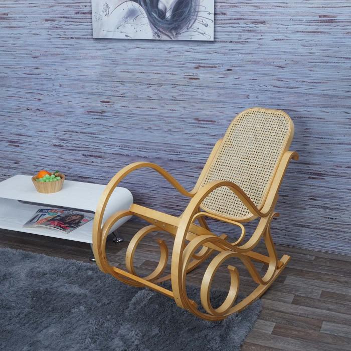 Schaukelstuhl M41, Schwingsessel Fernsehsessel, Massiv-Holz Rattan, FSC-zertifiziert ~ Eiche-Optik
