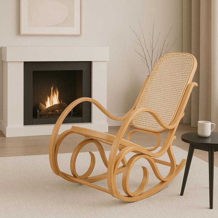 Schaukelstuhl M41, Schwingsessel Fernsehsessel, Massiv-Holz Rattan, FSC-zertifiziert ~ Eiche-Optik