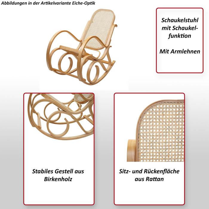 Schaukelstuhl M41, Schwingsessel Fernsehsessel, Massiv-Holz Rattan, FSC-zertifiziert ~ Eiche-Optik