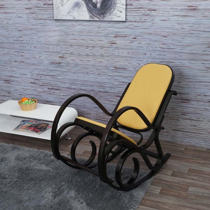Schaukelstuhl M41, Schwingsessel Fernsehsessel, Massiv-Holz ~ Walnuss-Optik, Stoff/Textil gelb