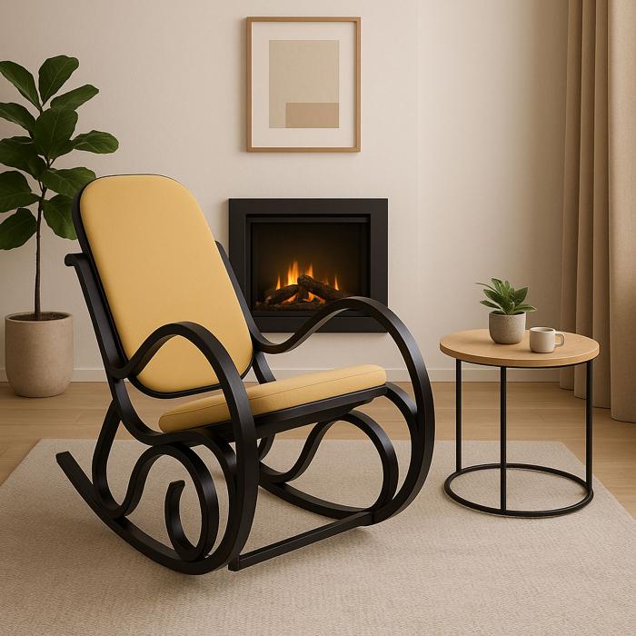 Schaukelstuhl M41, Schwingsessel Fernsehsessel, Massiv-Holz ~ Walnuss-Optik, Stoff/Textil gelb