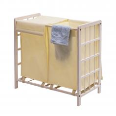 Wäschesammler HWC-B60, Laundry Wäschebox Wäschekorb, Massiv-Holz 2 Fächer 60x60x33cm 68l ~ shabby weiß, Bezug creme