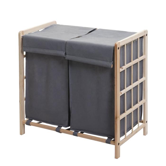 Wschesammler HWC-B60, Laundry Wschebox Wschekorb, Massiv-Holz 2 Fcher 60x60x33cm 68l ~ hellbraun, Bezug grau
