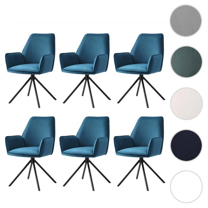 6er-Set Esszimmerstuhl HWC-G67, Kchenstuhl Stuhl Armlehne, drehbar Auto-Position, Samt ~ trkis-blau, Beine schwarz