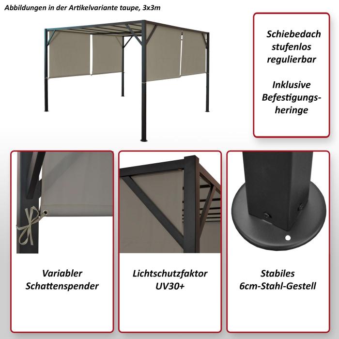 Pergola Baia, Garten Pavillon Terrassenberdachung, stabiles 6cm-Stahl-Gestell + Schiebedach taupe ~ 3x3m