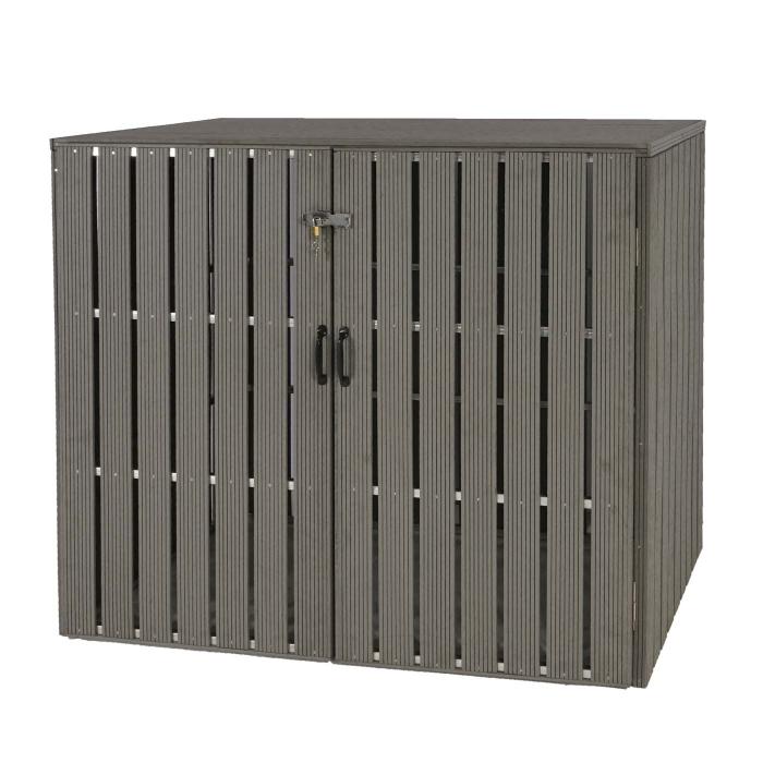 2er WPC-Mülltonnenverkleidung HWC-J28, Mülltonnenbox, Metall Holzoptik, erweiterbar 2x240l ~ grau
