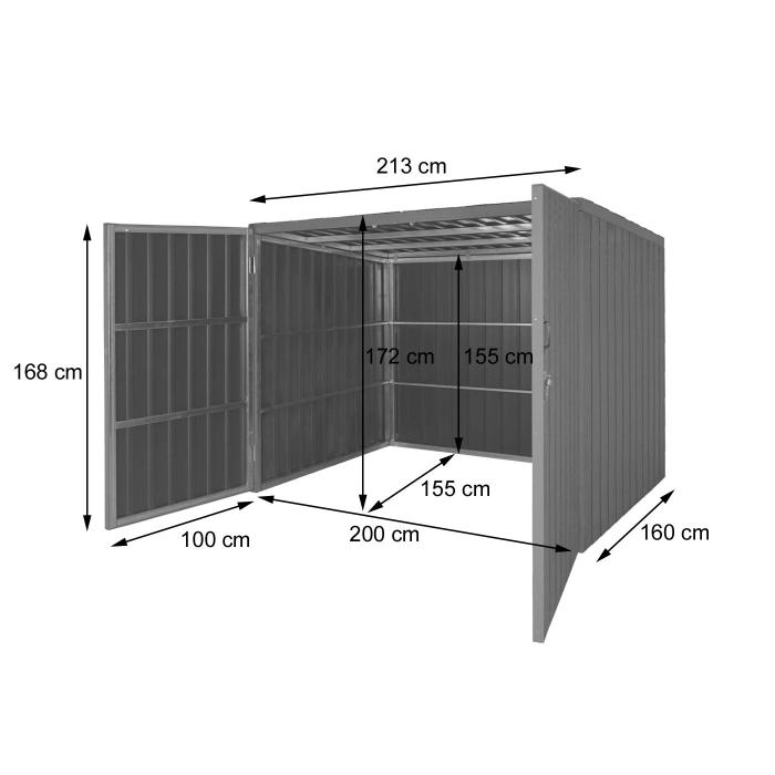 WPC-Fahrradgarage HWC-J29, Gerteschuppen Fahrradbox, Metall Holzoptik abschliebar ~ 4 Rder 172x213x160cm grau