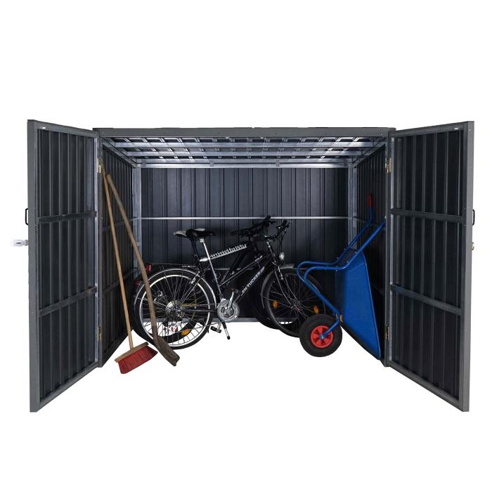 WPC-Fahrradgarage HWC-J29, Gerteschuppen Fahrradbox, Metall Holzoptik abschliebar ~ 4 Rder 172x213x160cm grau